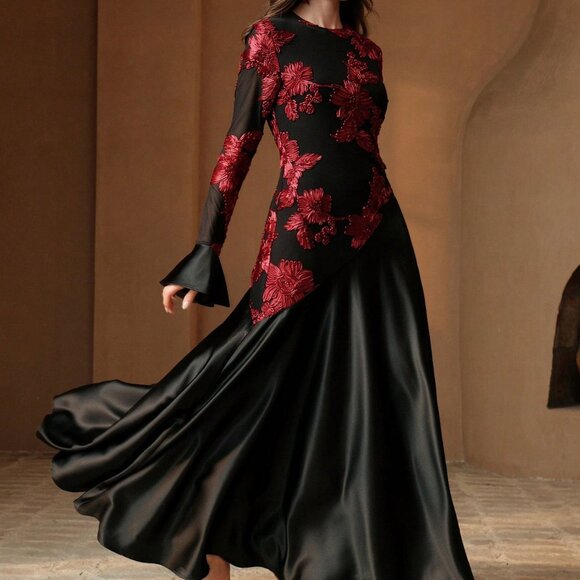 BEST SELLER Black Elegant Women's RED Floral Patchwork Round Neck mAXI Dress - Picture 1 of 7
